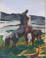 Ranch Life - Fighting Horses - Watercolor